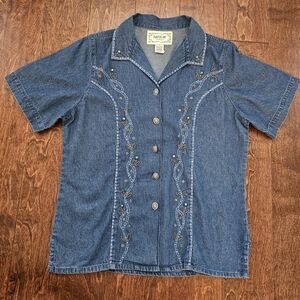 Vintage Western Blue Denim Shirt with Embroidery